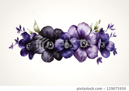Beautiful Purple Floral Arrangement with Varieties of Flowers and Greenery on a Light Background 129075930