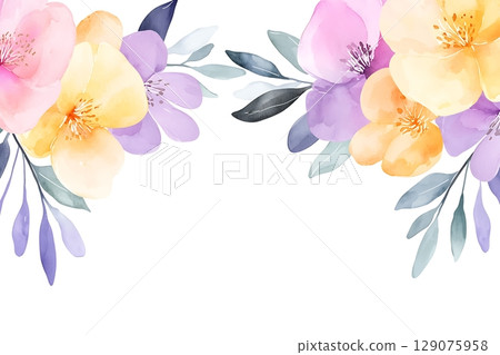 Colorful Floral Arrangement with Soft Petals and Green Leaves on White Background 129075958