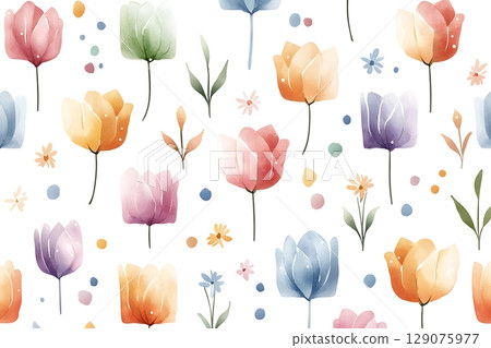 Colorful Watercolor Floral Pattern with Various Blooms and Leaves on White Background 129075977