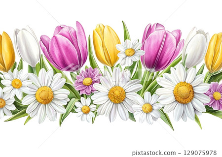 Colorful Floral Arrangement with Tulips, Daisies, and Vibrant Flowers for Decoration 129075978