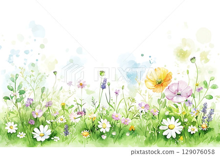 Colorful Wildflower Field with Soft Watercolor Effect and Delicate Botanical Elements 129076058