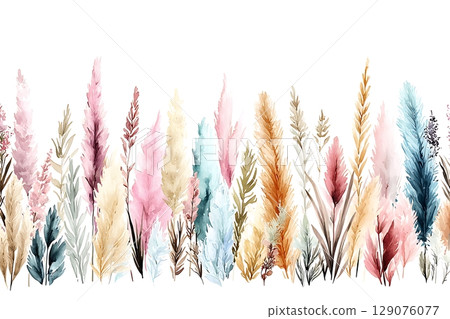 Colorful Arrangement of Tall Grass and Pampas Leaves in Soft Pastel Tones for Background 129076077