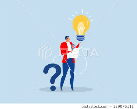 businessman holding question mark sign and lightbulb solution.Question and answer, q and a or solution to solve problem creative thinking idea concept vector 129076111
