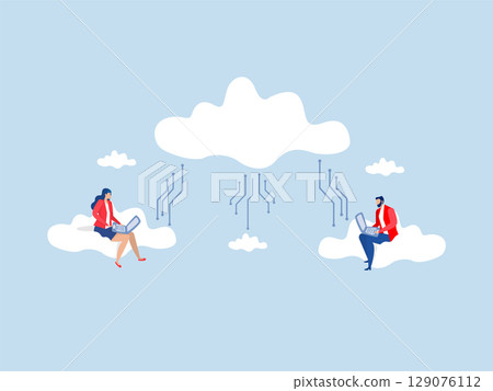 People businessman and woman office employees working with computer laptop on swing suspend on cloud computing, remote work on company cloud infrastructure People businessman and woman office employees working with computer laptop on swing suspend on cloud computing, remote work on company cloud infrastructure 129076112