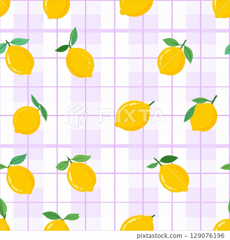 Seamless pattern with fresh vector fruits: lemon on purple grid background 129076196