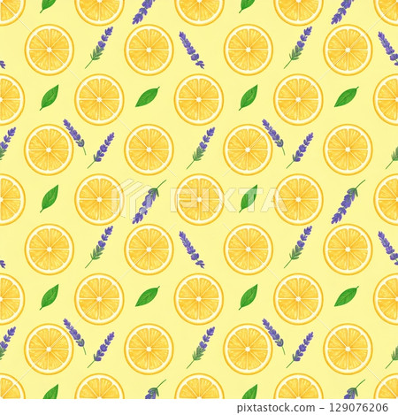 Seamless pattern with fresh citrus fruit slices, lemons, lavenders Seamless pattern with fresh citrus fruit slices, lemons, lavenders 129076206