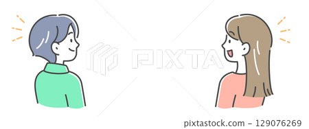 Illustration material of a profile of a young man and woman having a conversation Illustration material of a profile of a young man and woman having a conversation 129076269
