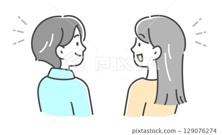 一對年輕男女交談的側面插圖素材 129076274