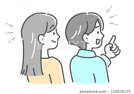 Illustration material of a profile of a young man and woman having a conversation Illustration material of a profile of a young man and woman having a conversation 129076275