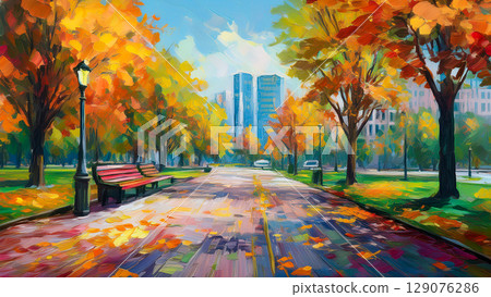 Autumn leaves in a city park 129076286