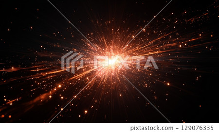 火花爆炸效果，金紅色射線輻射 129076335