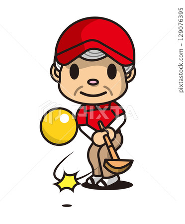 紅帽子,襯衫,老人,黃球,門球,可愛的插圖 紅帽子,襯衫,老人,黃球,門球,可愛的插圖 129076395