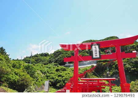 The row of red torii gates at Motonosumi Shrine and the expansive sea (Nagato City, Yamaguchi Prefecture) 129076493