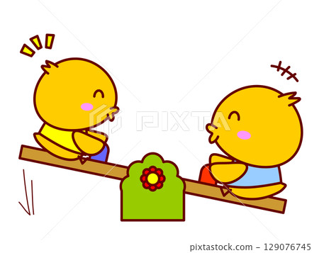 Chick playing on a seesaw 129076745