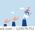 business goal, businessman jumping up giant hand growth ladder to progress target encouragement for teammate to achieve  success,  129076752