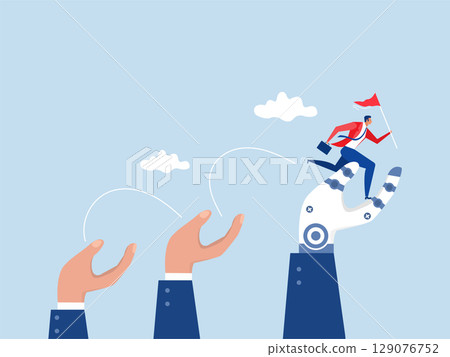 business goal, businessman jumping up giant hand growth ladder to progress target encouragement for teammate to achieve success, business goal, businessman jumping up giant hand growth ladder to progress target encouragement for teammate to achieve success, 129076752