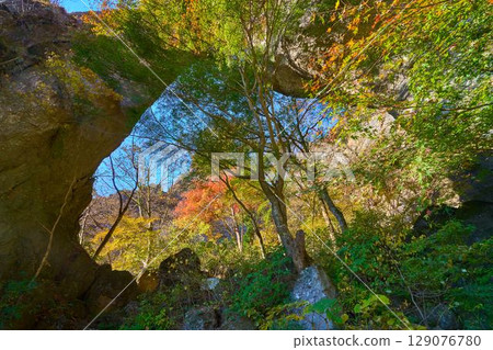 View of the first stone gate on the hiking trail at Prefectural Myogi Park in Shimonita Town, Gunma Prefecture in autumn from the entrance side 129076780