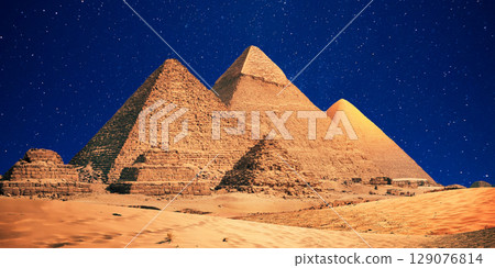 night scene of the castle pyramid in the desert night scene of the castle pyramid in the desert 129076814