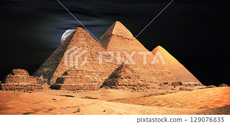 night scene of the castle pyramid in the desert 129076835
