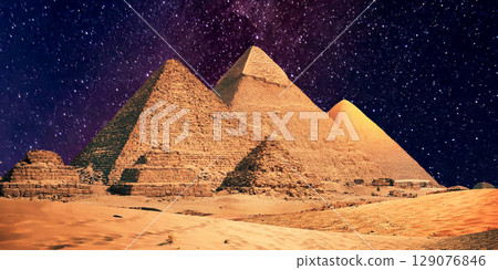 night scene of the castle pyramid in the desert night scene of the castle pyramid in the desert 129076846