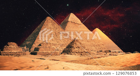 night scene of the castle pyramid in the desert 129076853