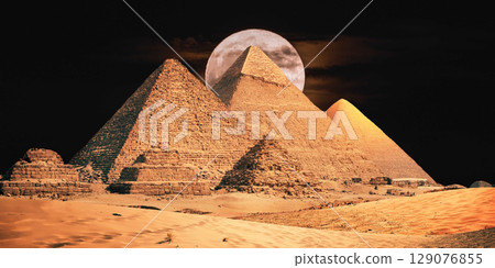 night scene of the castle pyramid in the desert night scene of the castle pyramid in the desert 129076855