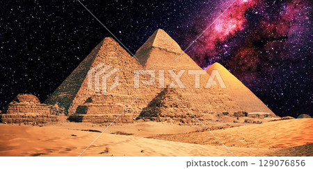 night scene of the castle pyramid in the desert night scene of the castle pyramid in the desert 129076856