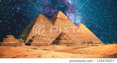 night scene of the castle pyramid in the desert night scene of the castle pyramid in the desert 129076857