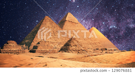night scene of the castle pyramid in the desert night scene of the castle pyramid in the desert 129076881