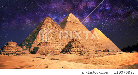 night scene of the castle pyramid in the desert night scene of the castle pyramid in the desert 129076883