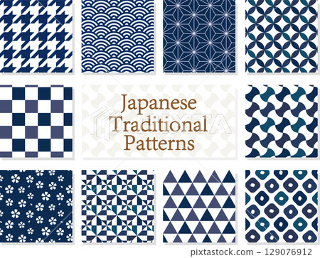 無縫日本圖案集 - 藍色（Seigaiha、Asanoha、Checkered、Shippo 等） 129076912