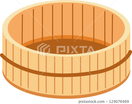 japanese wooden bath bucket traditional onsen container.  round wooden bucket cartoon style bath accessory from japan tradition 129076989