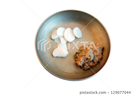 Fresh sliced garlic with spicy fermented soybean paste sauce traditional Korean side dish perfect for healthy meals 129077044