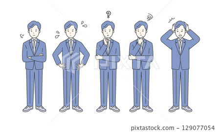 一位憂心忡忡的商務人士全身的簡單圖像。負面插圖素材集。困惑、焦慮、緊張的臉部表情。 129077054