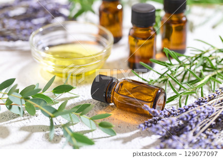 Aroma oils: Eucalyptus, rosemary, lavender Aroma oils: Eucalyptus, rosemary, lavender 129077097