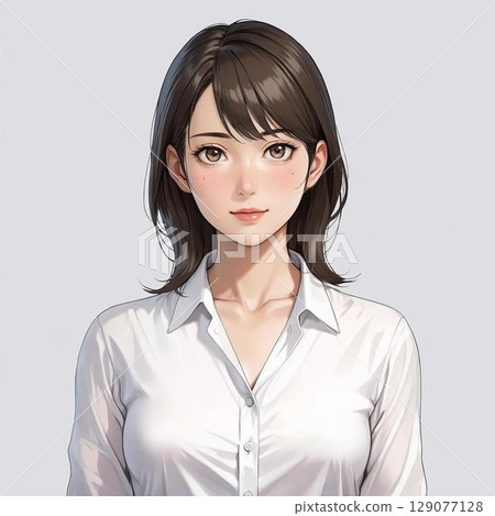 一位穿著乾淨襯衫的女教練/領隊直視前方（白色背景） 129077128