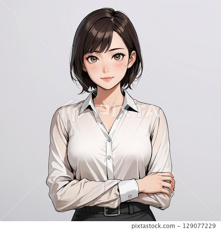 一位面帶溫柔微笑的女教師，彷彿守護著她的學生（白色背景） 129077229