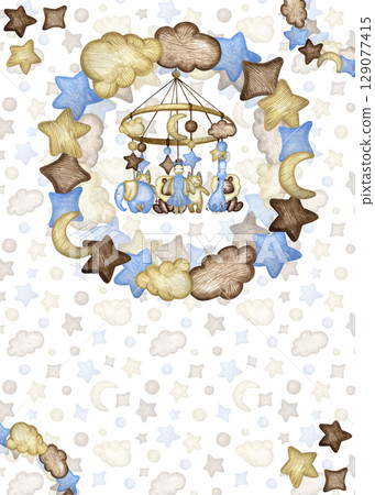 Baby shower invitation card with animals, cloud, moon, stars, sky, blue. Watercolor invitation. 129077415