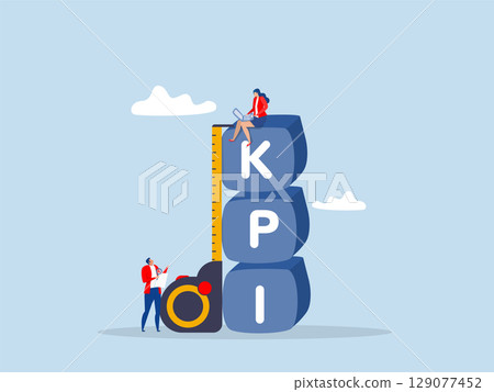 Businessman standing on top of KPI or key performance indicator measurement box measuring performance to evaluate success or meet target,vector Businessman standing on top of KPI or key performance indicator measurement box measuring performance to evaluate success or meet target,vector 129077452