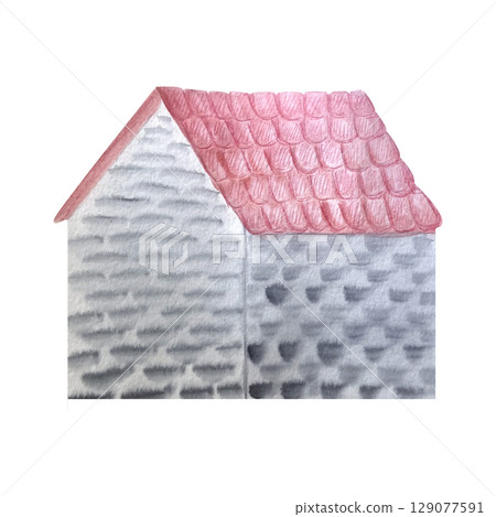 A stone house with a pink tiled roof, side view. Watercolor illustration isolated on white. of Ideal for fairytale maps, fantasy environments, architectural scenes, and children storybook design A stone house with a pink tiled roof, side view. Watercolor illustration isolated on white. of Ideal for fairytale maps, fantasy environments, architectural scenes, and children storybook design 129077591