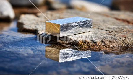 Reflective silver metal cube resting on a rough textured surface 129077672