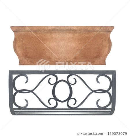 Terracotta flower pot illustration with watercolor texture, classic curved shape. Hand-painted clip art isolated on white.Perfect for botanical arrangements, garden designs, and spring decor projects 129078079