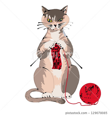 Cat knitting with red yarn 129078085