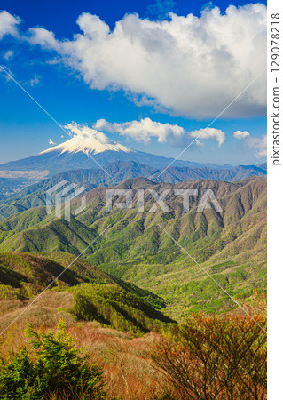 翠綠的山脈和雄偉的富士山 129078218