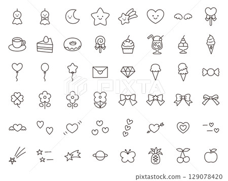 Vector illustration of a cute icon set. Ornaments, hearts, sweets, stars, ribbons Vector illustration of a cute icon set. Ornaments, hearts, sweets, stars, ribbons 129078420