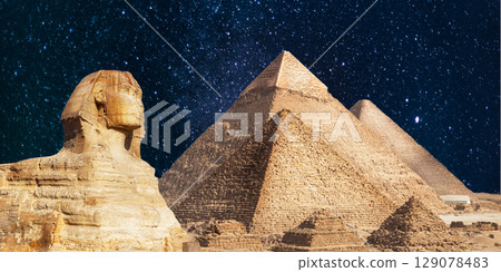 night scene of the castle pyramid in the desert night scene of the castle pyramid in the desert 129078483