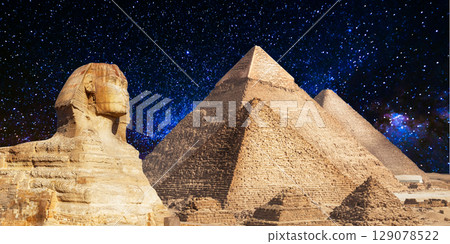 night scene of the castle pyramid in the desert night scene of the castle pyramid in the desert 129078522