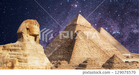 night scene of the castle pyramid in the desert 129078570