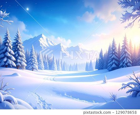 A fantastic winter landscape illustration of snow-covered mountains and forests bathed in the morning sun A fantastic winter landscape illustration of snow-covered mountains and forests bathed in the morning sun 129078658