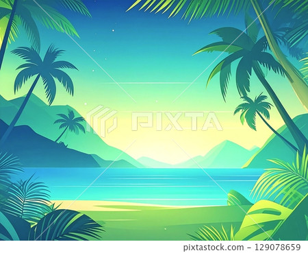 A resort-style landscape illustration of a tropical sea and mountains surrounded by palm trees 129078659